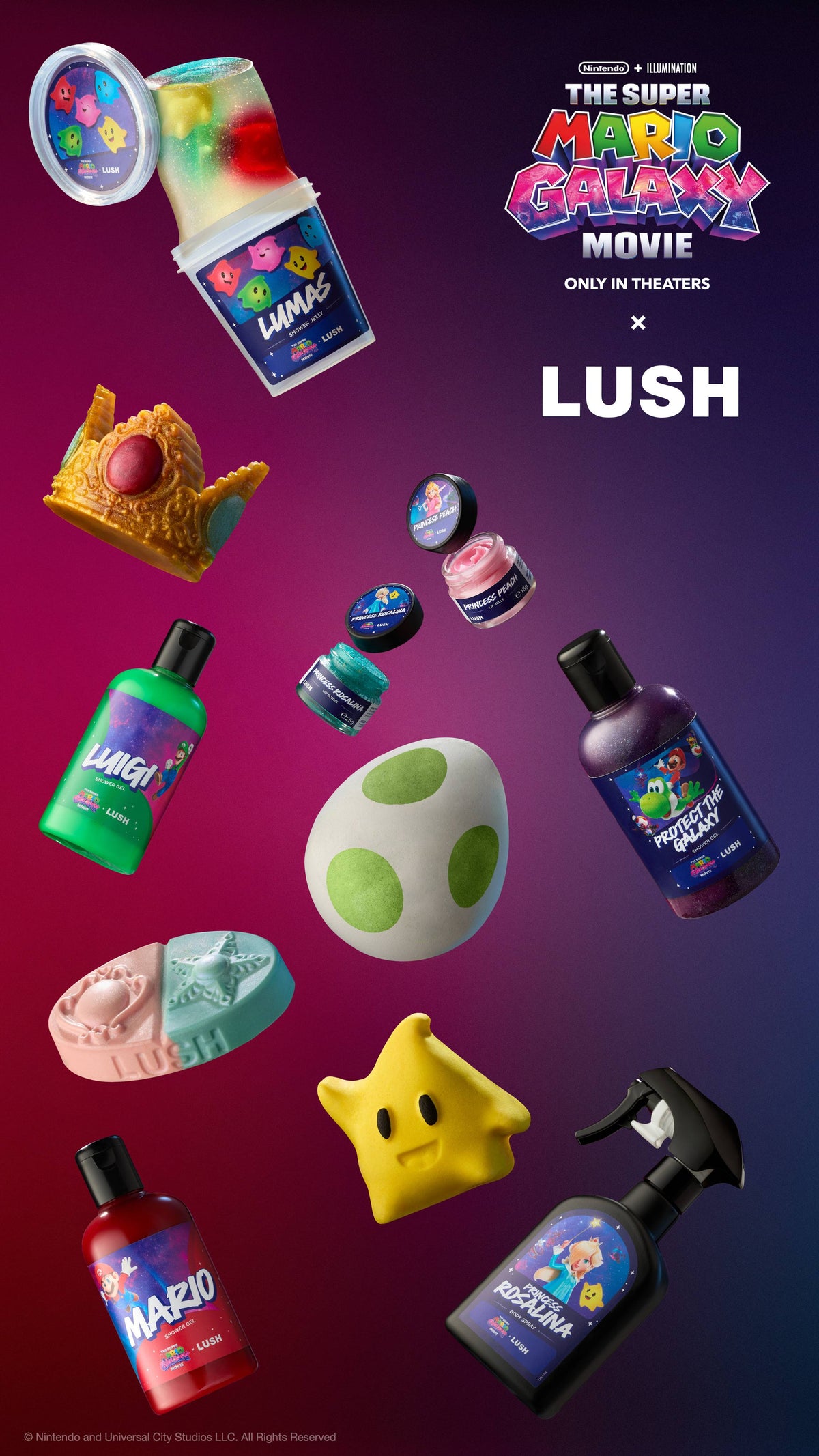 All Mario Galaxy X Lush themed products including a Yoshi egg, Luma shaped bubble bar, Lip scrub, Lip Balm, Body spray, shower jelly, crown shaped soap, massage bar and colorful shower gels floating against a purple gradient.