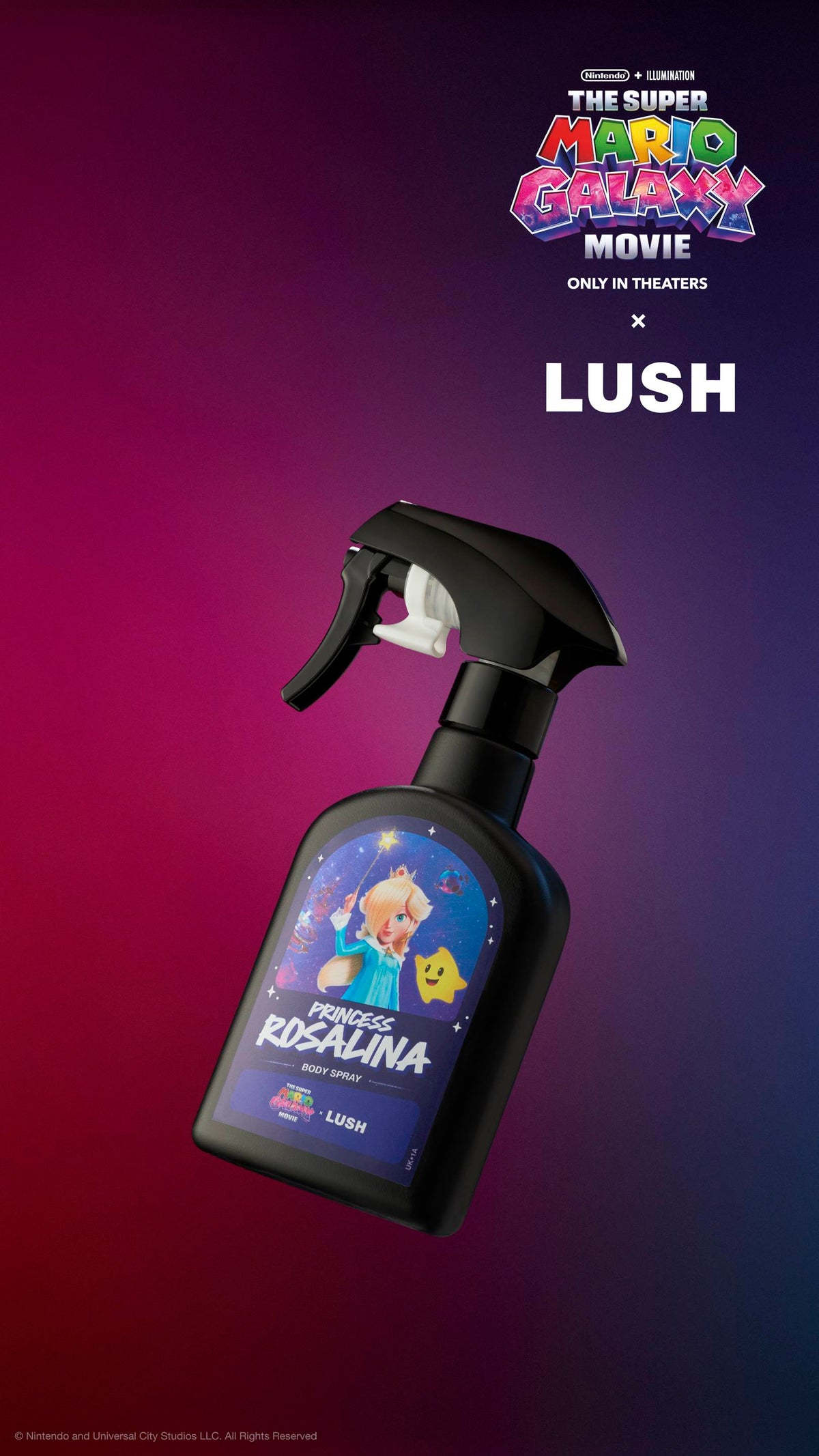 Black Princess Rosalina body spray bottle tilted against a purple-magenta gradient. Label features Rosalina and a Luma. Top displays movie and LUSH partnership logos.