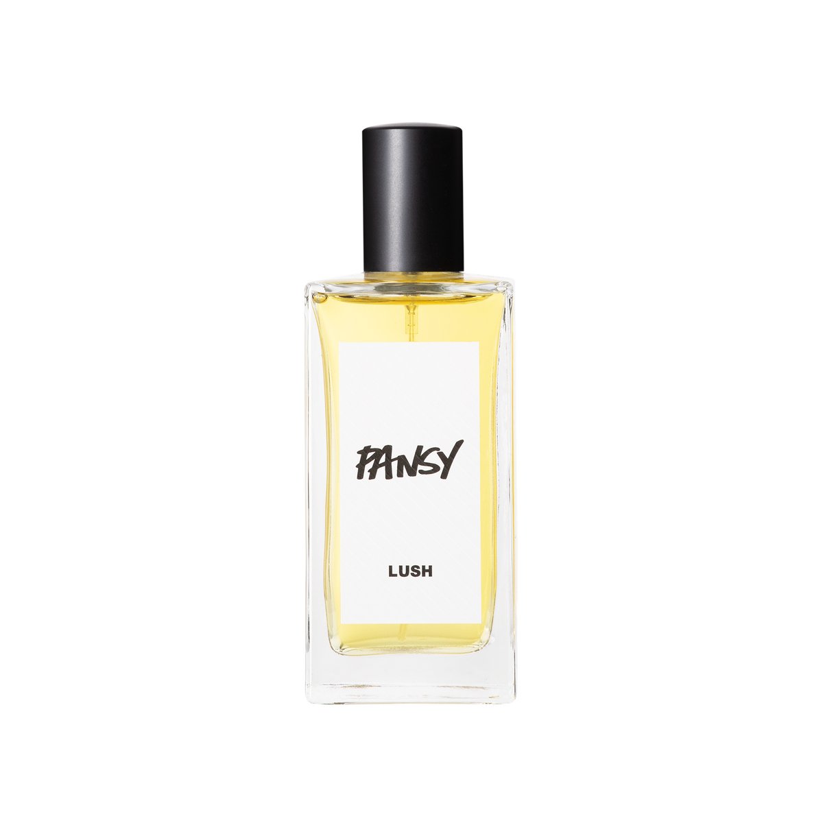 A glass perfume bottle filled with pale yellow liquid. A white label reads 'Pansy'.