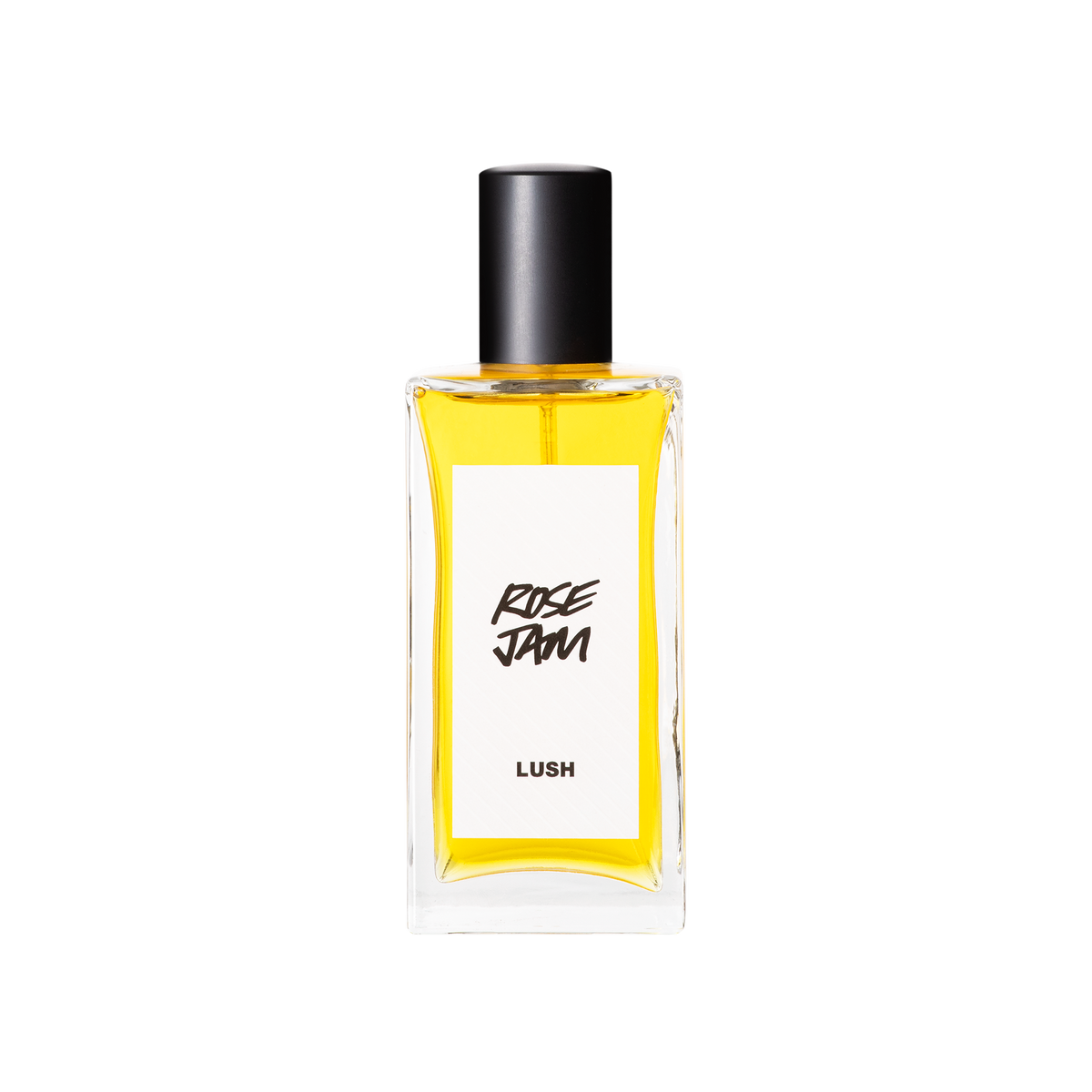 A glass perfume bottle filled with canary yellow liquid. A white label reads 'Rose Jam'.